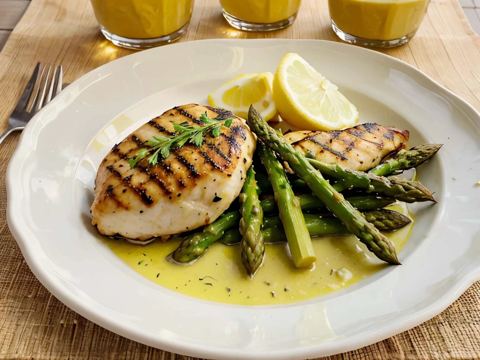 Chicken Breast with Asparagus and Lemon Sauce. 1. Tempere os peitos de frango com sal, pimenta, garlic and lemon juice.
2. Grill chicken breasts and asparagus until cooked.
3. Drizzle with more lemon juice before serving.