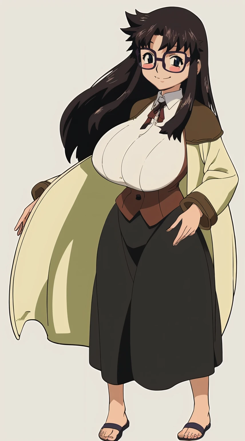 ultra detailed, masterpiece, best quality, solo, soft smile, light smile, ,YR, 1girl, solo,full body body, portrait, sticker blush, smile, looking at viewer, glasses, long skirt, coat, vest, ribbon, long sleeves, messy hair, fine detail, perfect quality, good quality, masterpiece, HDR, UHD full body, refsheet, flipflops, huge breast,refsheet