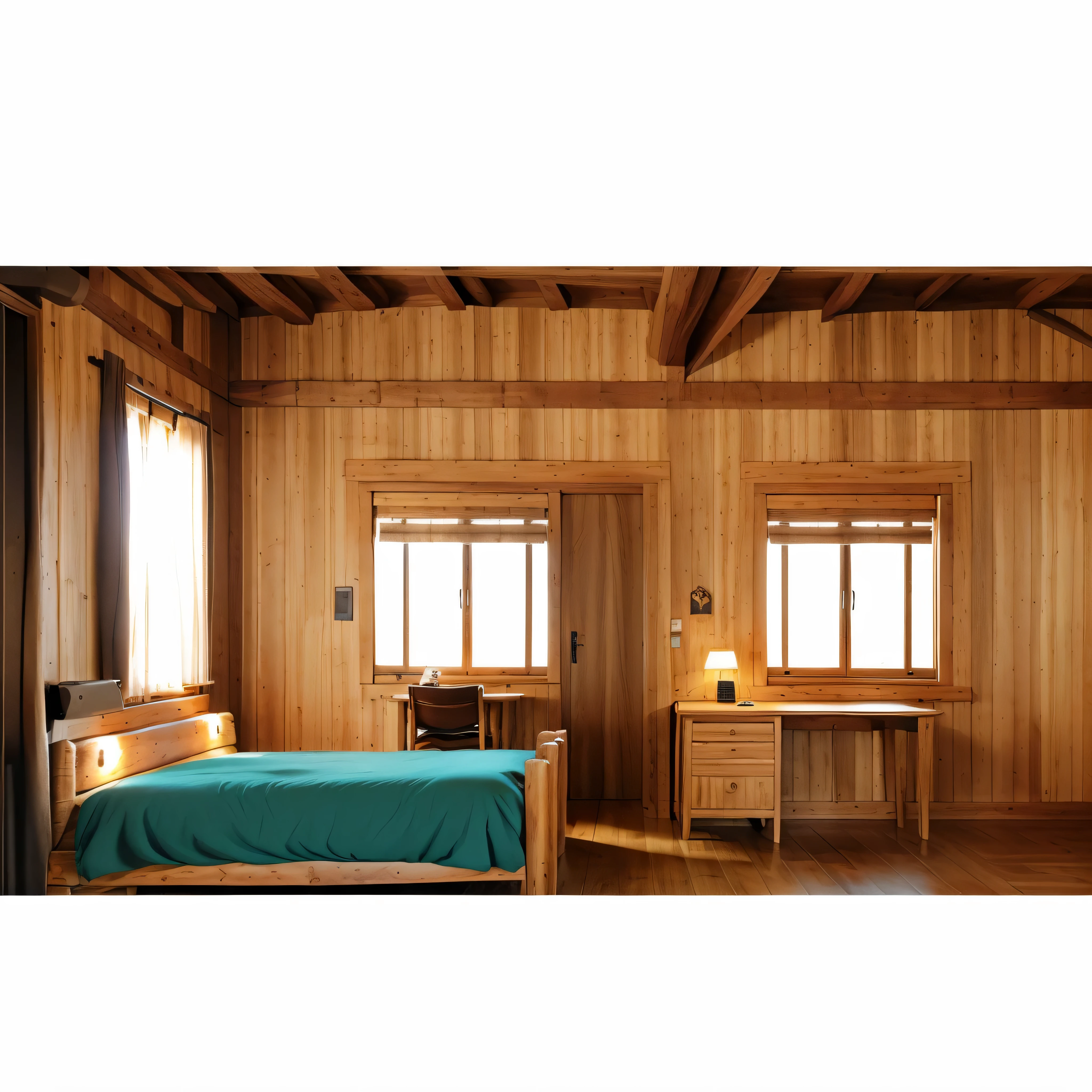 2D cartoon of a there is a room with a bed, desk and windows, wooden house, an interior of room, inside of a bedroom, interior of room, bed room, inside of a cabin, room interior, wooden cottage, whole room, bedroom background, bedroom in studio ghibli, interior background, interior room, luxurious wooden cottage, bedroom interior, wooden interior, interior of a small