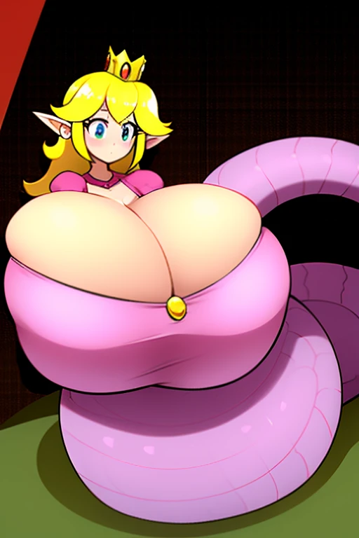 ((masterpiece)), (best quality:1.7), (detailed:1.4), (high res:1.4), 8k, (colorful:1.5), 2d, high resolution, sharped image, 4k, hd, princess_peach, pink dress, v arms, white gloves, earrings, long hair, 1girl, jewelry, solo, blue eyes, elbow gloves, gloves, blush, puffy short sleeves, crown, dress, short sleeves, puffy sleeves, blonde hair, (full body), (castle), sky, night, (large breasts:1.6), (lamia:1.6)