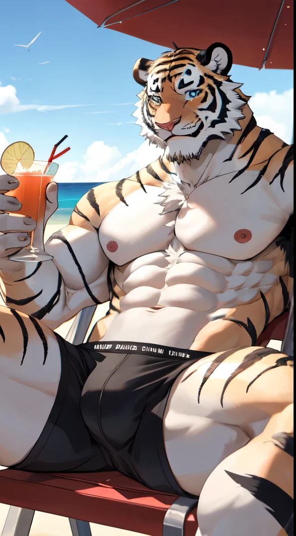 ((best quality)), ((masterpiece)), (detailed), Male,male body,muscle,muscular,shirtless ,top less,8k,add_detail,best quality,sharp focus,masterpiecedetail eyes,extreme detail,super detail,vibrant colors,cinematic,high quality,4k,white skin,hand some ,fit,abs,six pack,Big muscle, pose,HD nipples, beautiful eyes,short hair,perfect body,strong body
,Long body ,strong arm ,strong body,strong legs,strong chest,white peoples, white skin,show off muscles ,cute guy,v shape,perfect body,close up body ,white Tiger male,on the beach,sun light,swim Briefs ,clear sky,happy face ,handsome eyes, white tiger,alpha male ,swimwear male,tiger tail ,short hair ,American men ,tiger beasts,go wild, beasts ,look straight ,blue eyes,white Tiger,black briefs ,Tiger teeth,fangs,confident eyes ,tiger eyes ,beautiful eyes,looking straight,perfect body ,smile,kindness face,tall body ,lay down on the beach chair ,relaxing,best shot ,tiger fangs ,sunglasses, Spread legs,look up forward ,wearing sunglasses ,drinking cocktails