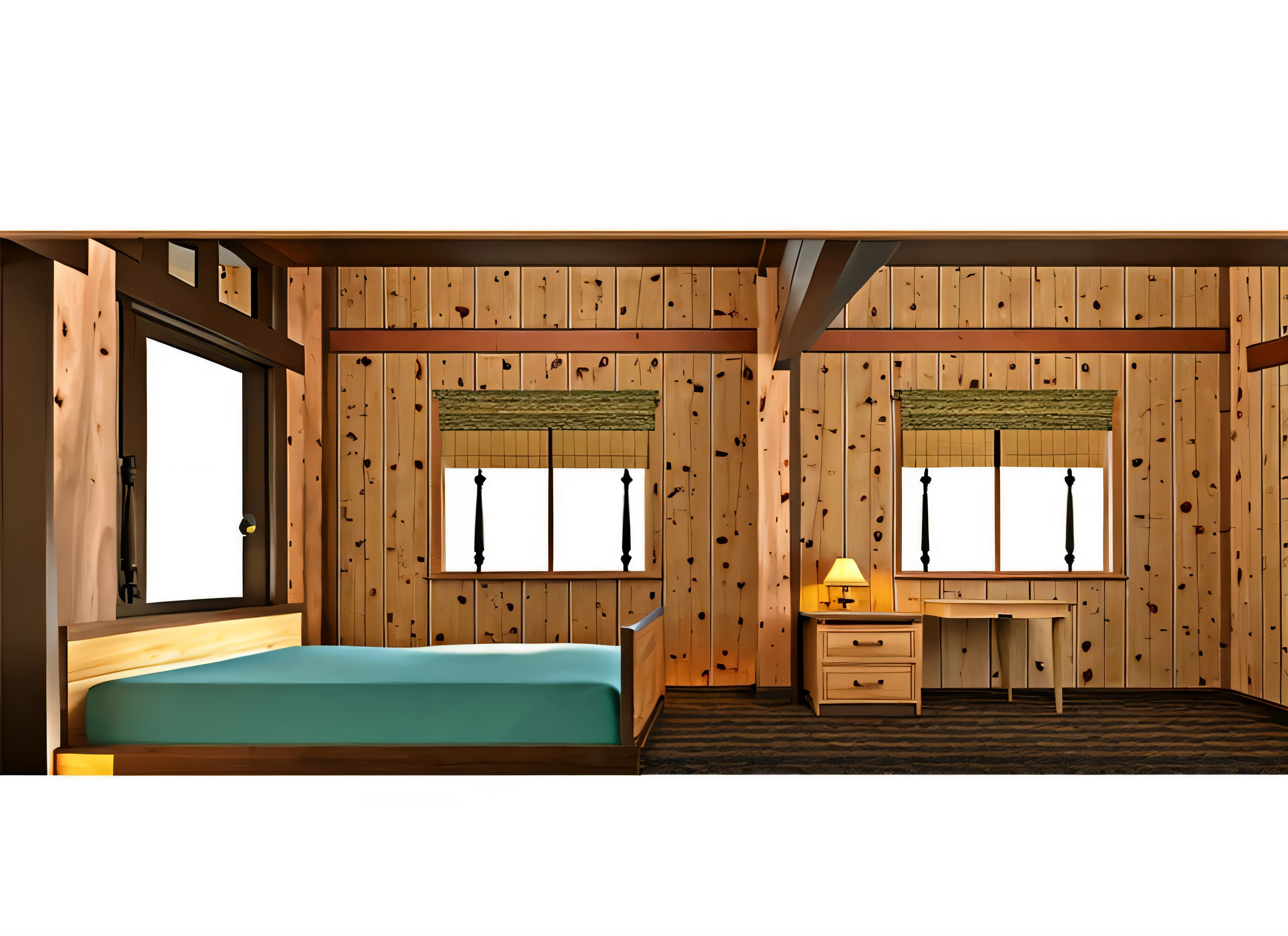 2d of a there is a room with a bed, desk and windows, wooden house, an interior of room, inside of a bedroom, interior of room, bed room, inside of a cabin, room interior, wooden cottage, whole room, bedroom background, interior background, interior room, luxurious wooden cottage, bedroom interior, wooden interior, interior of a small