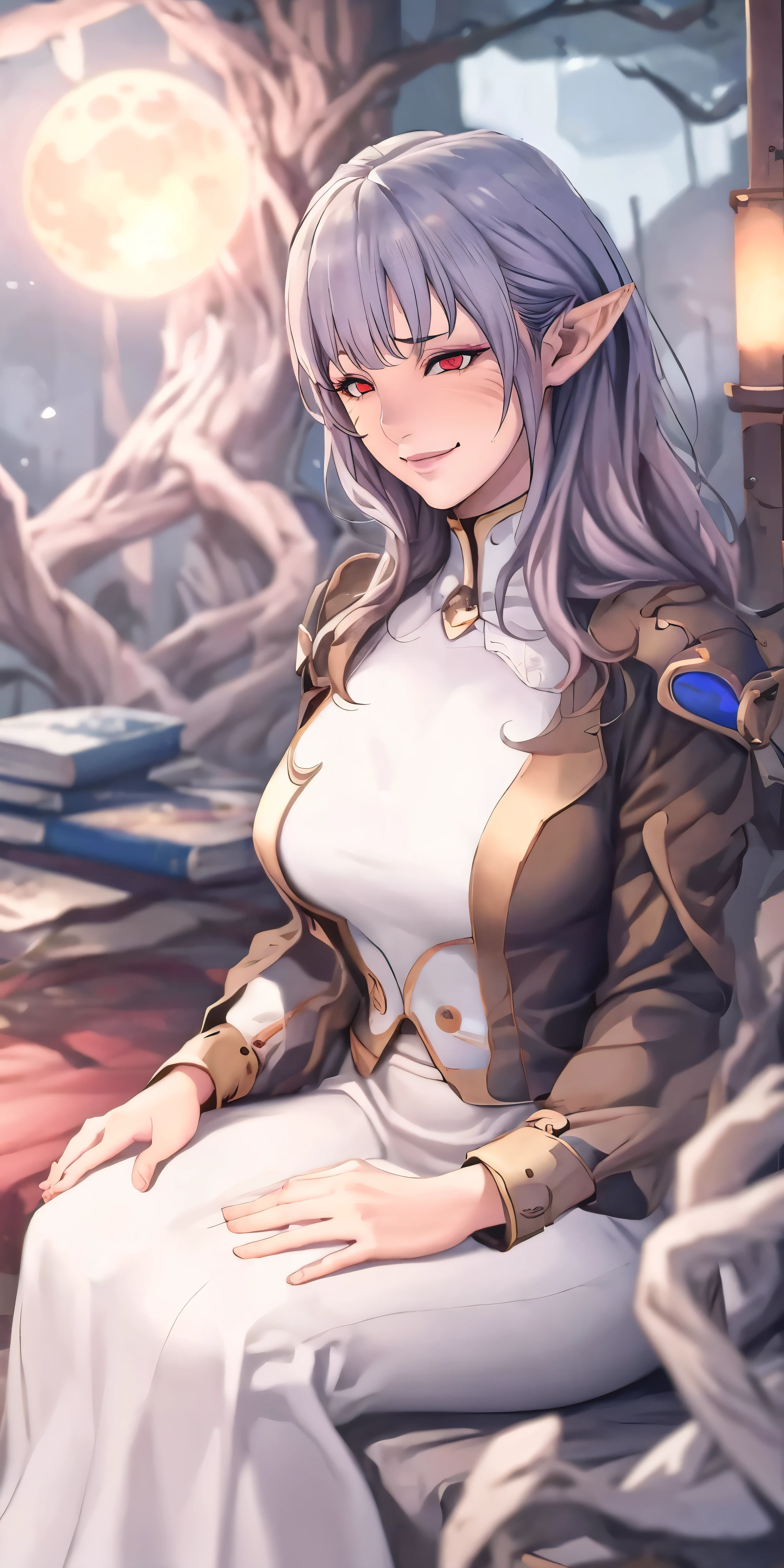 anatomically correct, best quality, masterpiece, high quality, high details, highres, HD, (shaded face:1.2), hollow eyes, red eyes, looking at viewer, smirk, upper teeth, pointy ears silver hair, blunt bangs, long hair, huge breasts, sagging breasts, sweating, "Photorealistic, Hyperrealistic, Hyperdetailed, analog style, soft lighting, subsurface scattering, realistic, heavy shadow, masterpiece, best quality, ultra realistic, 8k, golden ratio, Intricate, High Detail, film photography, soft focus, fantasy art, moon, full_moon, 1girl, book, sitting, solo, long_hair, candle, night, black_hair, open_book, holding, dress, tree, closed_mouth, fire