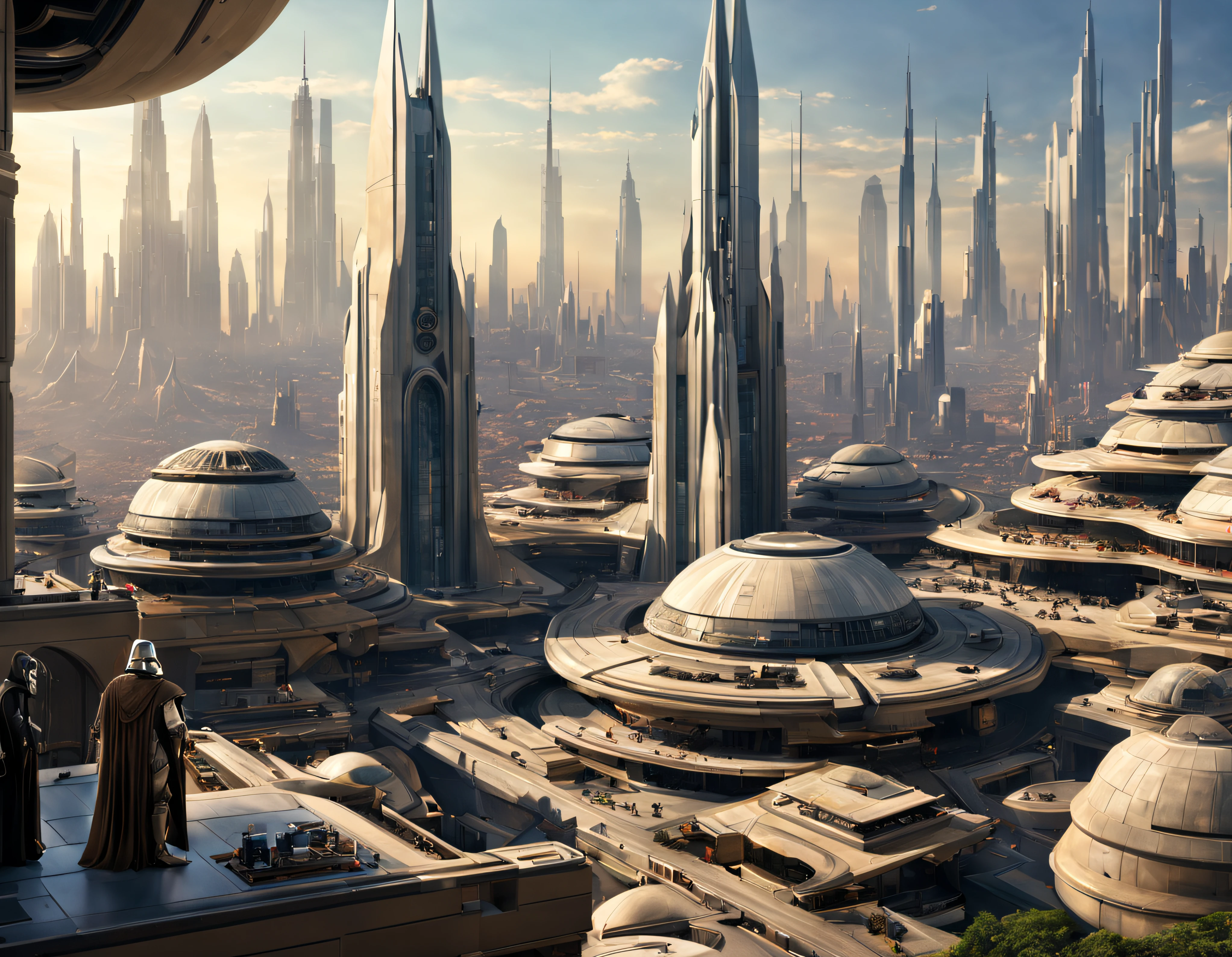 vista desde una terraza de la ciudad de coruscant de star wars, con sus inmensos edificios futuristas, divisandose el templo jedi y el senado y a lo lejos la inmensa biblioteca, (Design by Doug Chiang), edificios del fondo nitidos y bien definidos, intrincados detalles de la maquina de la mas alta calidad, estilo cinematografico, nitidez absoluta, imagen 8k. (obra maestra).