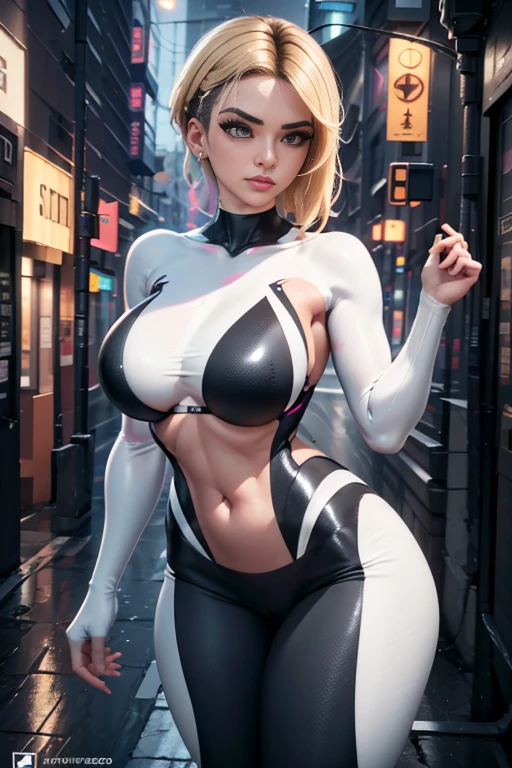 imagem de corpo inteiro Unreal Engine 5 8K UHD de mulher bonita,com cabelos loiros curtos,Wearing tight neon bikini futuristic latex spider woman ,latex bikini,sexy action,Aguarde os seios CHEIO,bikini that rarely cover the skin,latex glove,Use vidro roxo,耳Nipple Ring,Pierced lip piercing,Cidade da idade moderna,melhor qualidade,tmasterpiece,Papel de parede 8K UHD, Gwen Spider, Gwen em uma roupa preta com aranha no centro de seu peito em branco, organic-looking bikini, testa gooey, simbionte, olhos brancos, belas artes, PS5 cinematic screenshot, Highly detailed cinematic rendering, raytricing ultra fotorrealista, with cinematic lighting