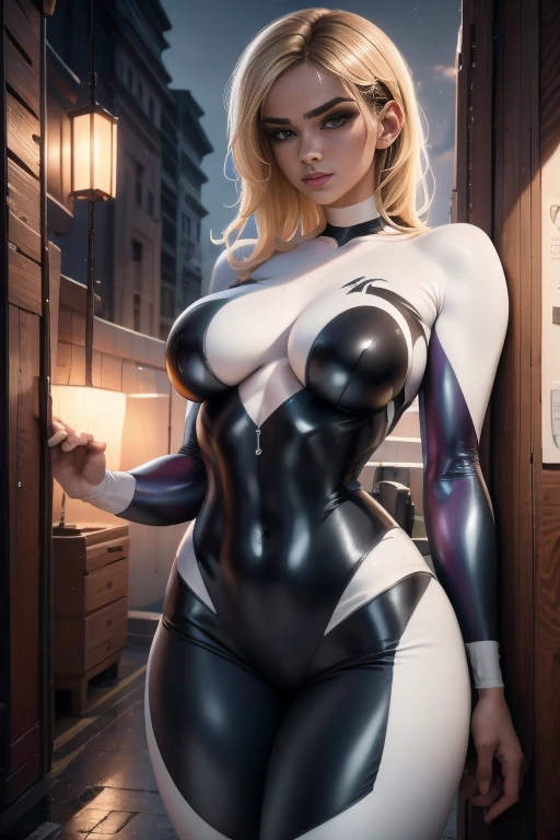 imagem de corpo inteiro Unreal Engine 5 8K UHD de mulher bonita，com cabelos loiros curtos，Wearing tight neon bikini futuristic latex spider woman ，latex bikini，sexy action，Aguarde os seios lentoigura muscular，Swimsuits that rarely cover the skin，latex glove，Use vidro roxo，耳Nipple Ring，Pierced lip piercing，Cidade da idade moderna，melhor qualidade，tmasterpiece，Papel de parede 8K UHD, Gwen Spider, Gwen em uma roupa preta com aranha no centro de seu peito em branco, organic-looking clothing, testa gooey, simbionte, olhos brancos, belas artes, PS5 cinematic screenshot, Highly detailed cinematic rendering, raytricing ultra fotorrealista, with cinematic lighting