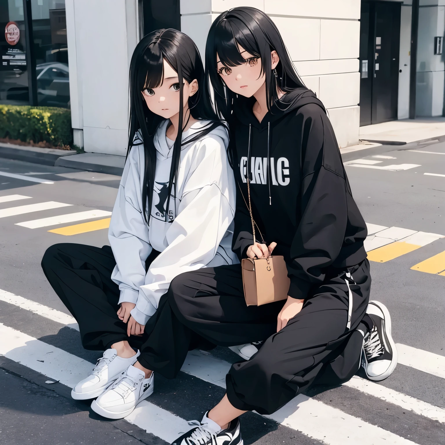 Two beautiful and cute girls, long black hair, black white hoodie, trousers, sneakers, decent, tall, sit, road side