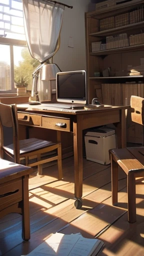 Student's Room, disarray, things are scattered, Sunlight from the window, morning, rays of sunshine, clothes scattered, There are textbooks, simple table, simple chair, творческий disarray, figurines, gamer. monitor