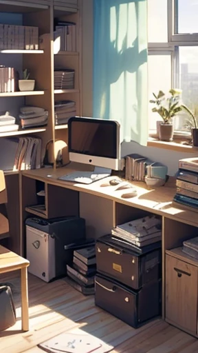Student's Room, disarray, things are scattered, Sunlight from the window, morning, rays of sunshine, clothes scattered, There are textbooks, simple table, simple chair, творческий disarray, figurines, gamer. monitor
