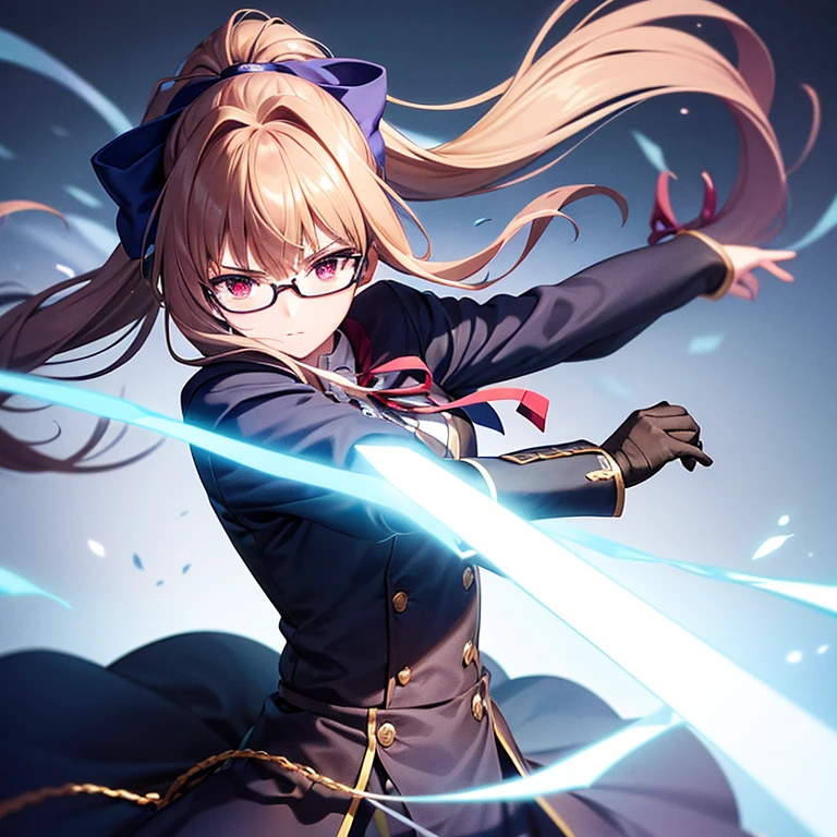 boy that looks like Monika wielding a longsword, magical swordsman blue coat brown hair black wellington glasses red eyes white ribbon ponytail hair