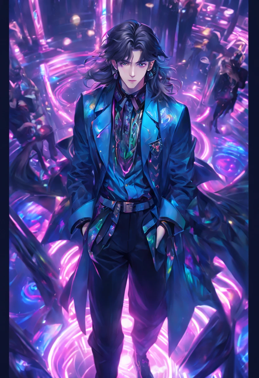from above, (((Handsome young man))), looking straight at camera, Fantasy clothing, Idol style, bts style, Young face, face of a man about 16 years old, (((hairlong))), photo realism, neon lighting, there is a place for an inscription, ((Smooth face))