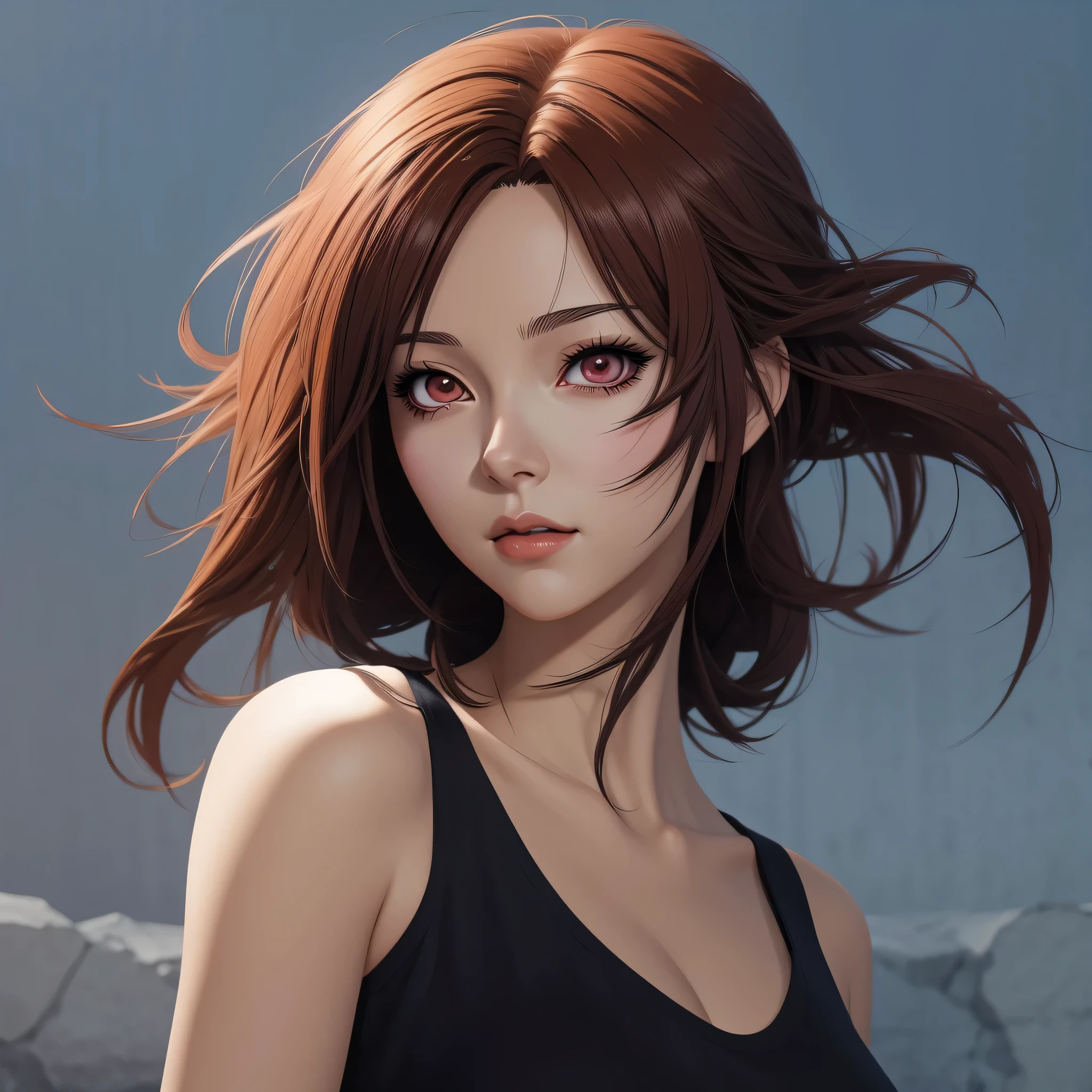 Anime girl aux cheveux rouges et haut noir regardant la caméra, Artgerm et Atey Ghailan, Art d’Anime numérique, Réalisé avec Anime painter studio, portrait Anime fille, Beau portrait d&#39;Anime, Illustration d’Anime numérique, Style d’art d’Anime réaliste, Portrait de style Anime, peint dans un studio de peintre d’Anime, Art numérique de style Anime, Style Artgerm, Portrait de fille d’Anime