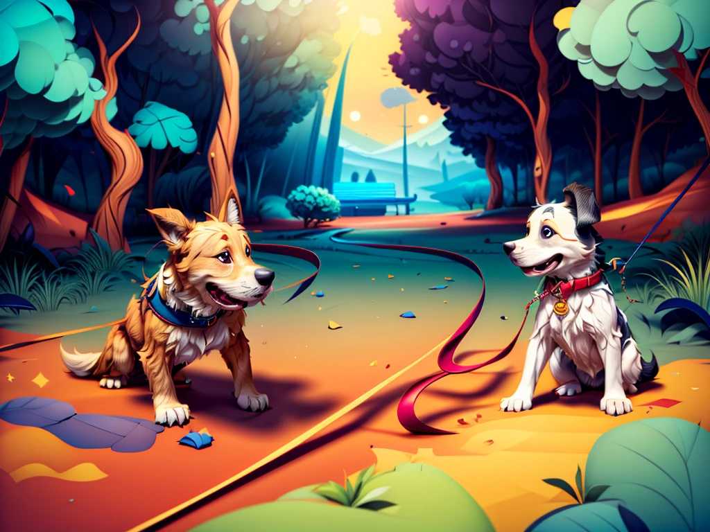 cartoon drawing of two dogs on a leash in a park, animated disney movie inking, published concept art, stylized linework, whole page illustration, by Istvan Banyai, concept art for a video game, by Maksimilijan Vanka, colorkey scene, cartoon concept art