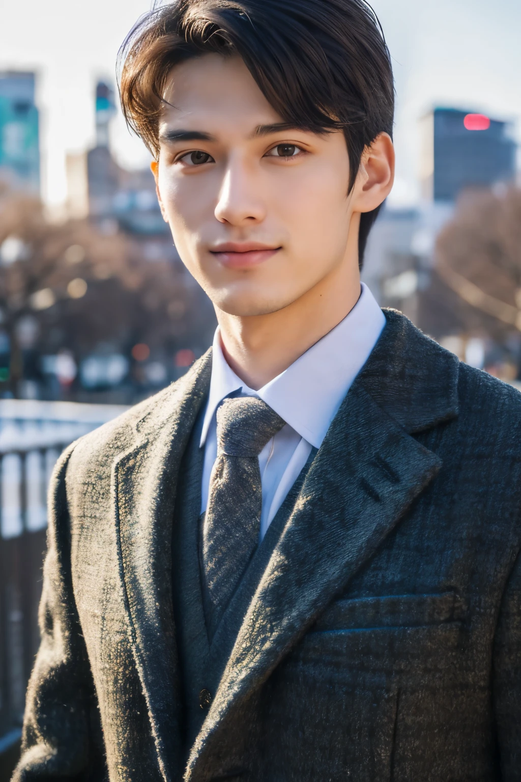 Photorealsitic, 8K full body portrait, a handsome, 20-year-old man, A charming expression, detailed face details, TOKYOcty, Winters, Shibuya in the background