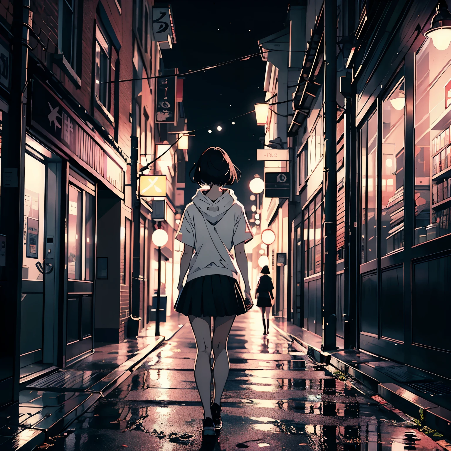 masutepiece, nffsw, unity 8k,Anime Art, Solo Girl, Young Woman,Full body:1.2, Bob Hair, Short black hair, White T-shirt, White hoodie、long black skirts, Black clothes,short sleeve oversize, distribution, Natural lighting, Town, City at night、neons、Sateen:1.2,gamer style,standing tall, (Back view:1.2),Back angle