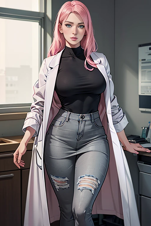 masterpiece, absurdres, sakura\(boruto\), 1girl, solo, mature woman, full body, upper body close up of a woman as a doctor, photorealistic, high resolution, hips up, look at viewer, (detailed face), doctor outfit, (((dark grey shirt, white lab coat, jeans skirt))), name tag, perfect composition, detailed lips, big breast, beautiful face, body proportion, blush, (pink lips), long pink hair, green-eyed, realistic eyes, soft gaze, super realistic, detailed, photoshoot, realistic face and body,  standing in a hospital, detailed hospital background