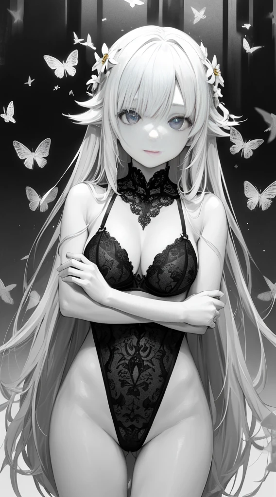 (tmasterpiece:1.1),(Best quality at best:1.1),(HighDynamicRange:1),ambient lights,hyper qualit,( Super detailed original image),(1个Giant Breast Girl, full bodyesbian),((harajuku fashion)),((flower with human eyes, flower eyes)),double contact,流体抽象Artistically的融合,Glitching,(Original illustration composition),(Limited color blending, 极简Artistically风格, 几何Artistically风格, butterflys, Artistically),Red sexy lace lingerie