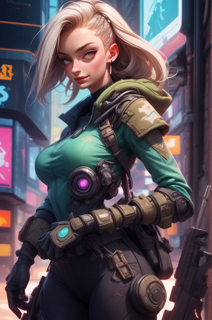 torso shot, facing front, best quality, masterpiece, cyberpunk Sophie Turner as 1girl, (solo:1.1), ultra detailed,detailed face, 8k wallpaper, platinum white hair in side cut fashion, wide hips, smile, Sophie Turner as military female soldier with gear of war, city background, smoke and rubbles, by gustav klimt , atey ghailan, by greg rutkowski, by greg tocchini, by james gilleard, by joe fenton, by kaethe butcher, gradient blue, green and purple color scheme