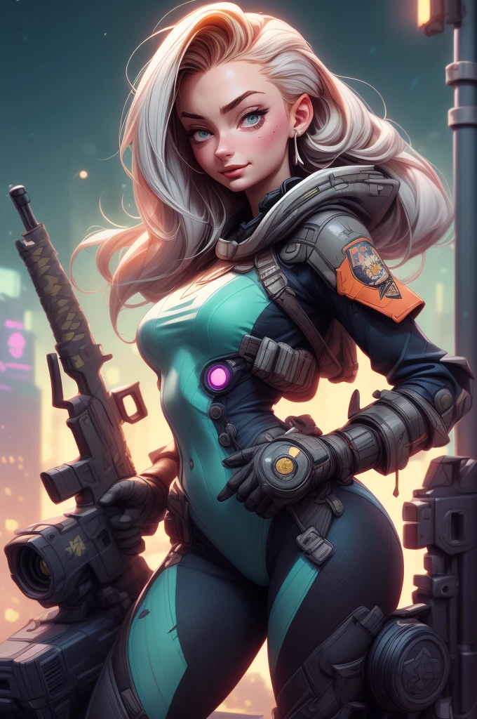 torso shot, facing front, best quality, masterpiece, cyberpunk Sophie Turner as 1girl, (solo:1.1), ultra detailed,detailed face, 8k wallpaper, platinum white hair in side cut fashion, wide hips, smile, Sophie Turner as military female soldier with gear of war, city background, smoke and rubbles, by gustav klimt , atey ghailan, by greg rutkowski, by greg tocchini, by james gilleard, by joe fenton, by kaethe butcher, gradient blue, green and purple color scheme