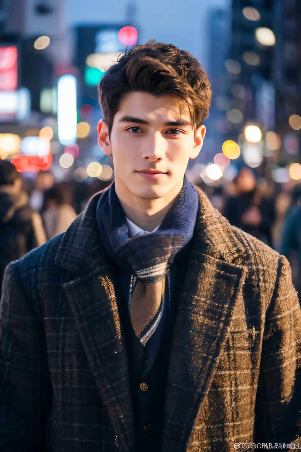 Photorealsitic, 8K full body portrait, a handsome, 20-year-old man, A charming expression, detailed face details, TOKYOcty, Winters, Shibuya in the background
