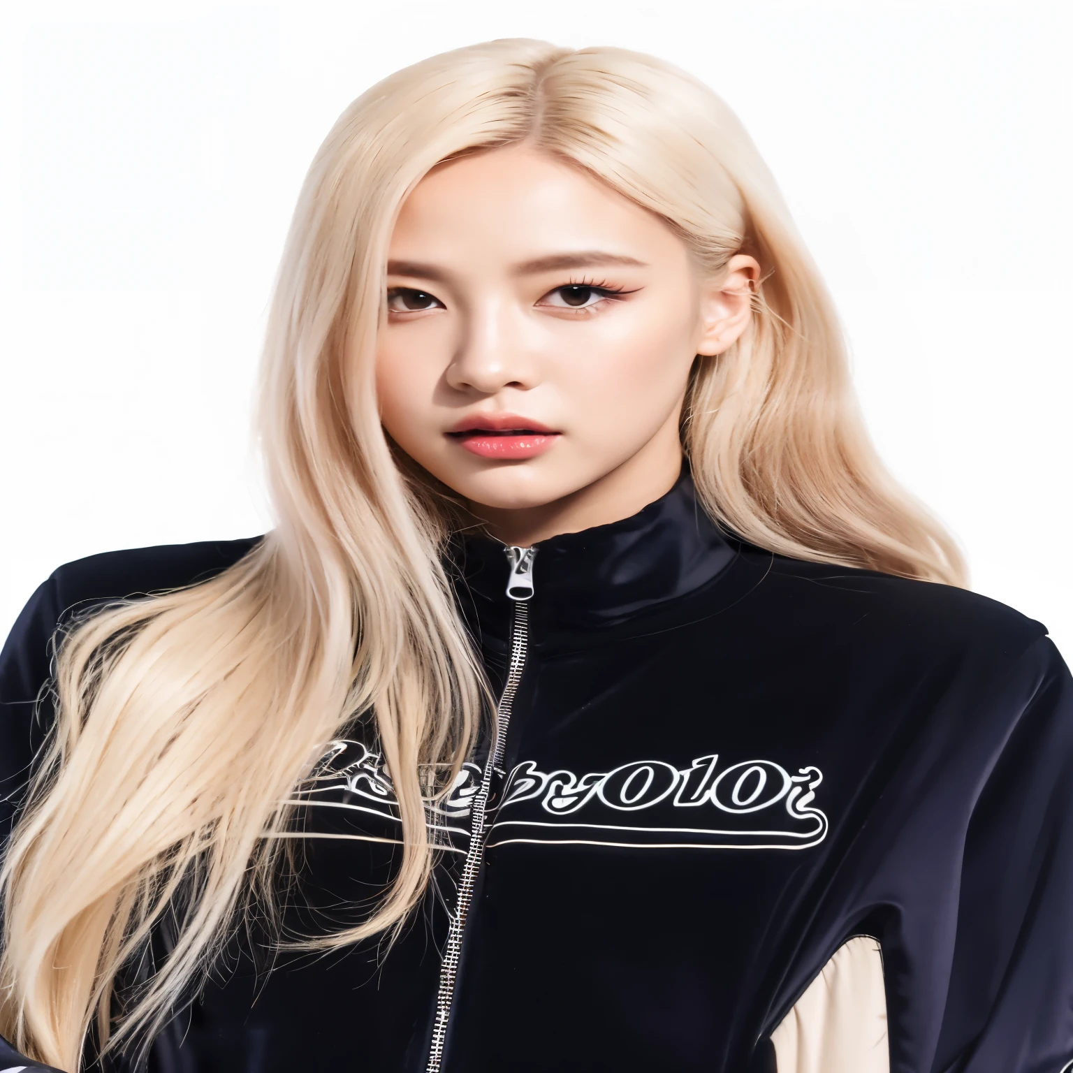 a close up of a woman with long blonde hair wearing a jacket, portrait of jossi of blackpink, roseanne park of blackpink, portrait of female korean idol, jossi of blackpink, portrait jisoo blackpink, portrait of kpop idol, heonhwa choe, park ji-min, jisoo of blackpink, ji-min, jisoo from blackpink, her hair is white