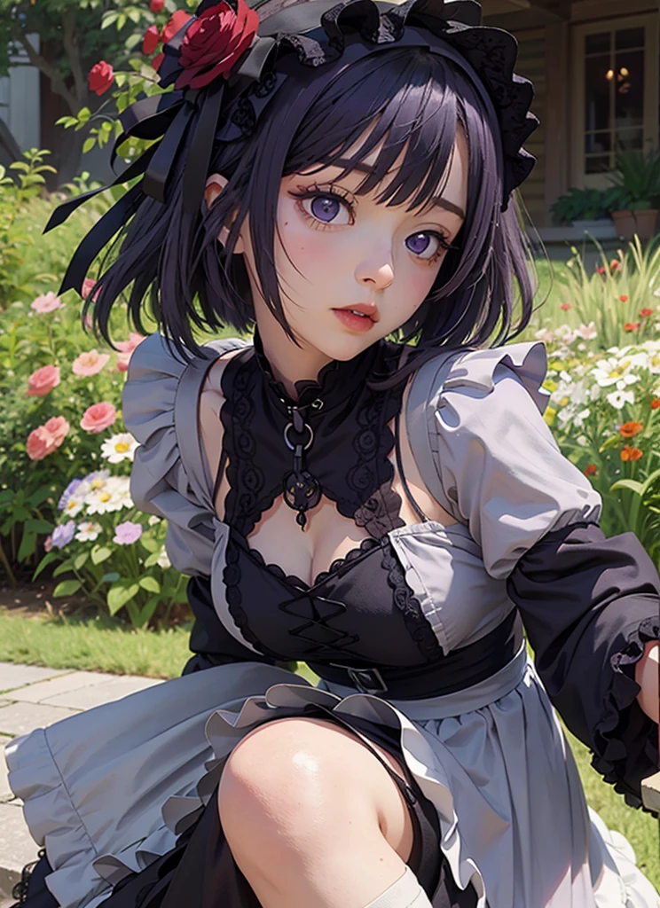MarinLora, blush, big smile, short hair, black hair, hair ornament, thighhighs, long sleeves, dress, purple eyes, purple hair, flower, pantyhose, hairband, frills, hair flower, wide sleeves, apron, black dress, , rose, floral print, lace, lolita fashion, gothic lolita, (lean forward:1.5), (very wide open chest: 1.3), (((big breasts:1.5))