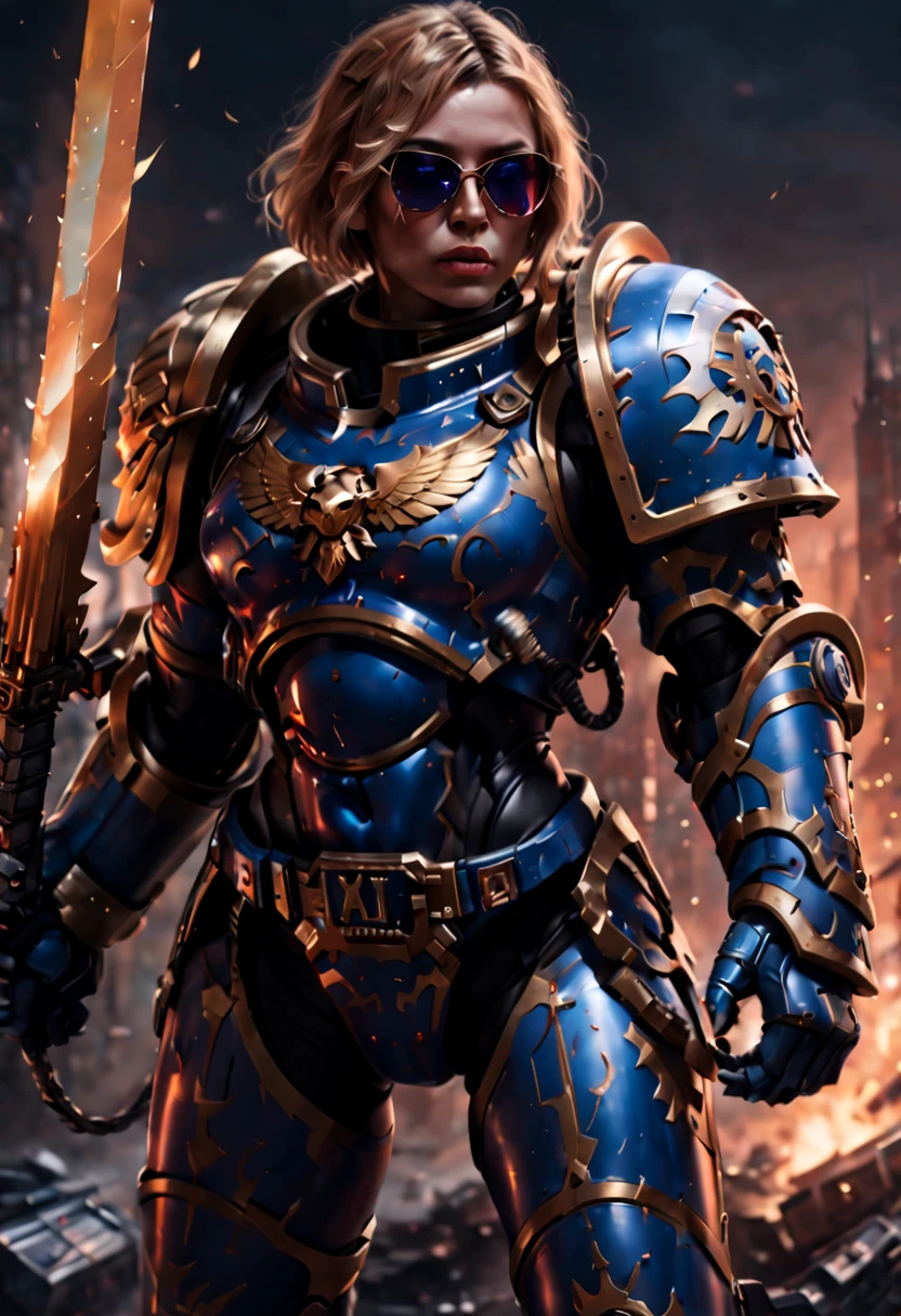 Warhammer 40K universe，Knight armor girl，Mechanical suit of blue and gold armor，sparkly red color sunglasses，Intense war-like environment，holding a flaming sword，Destroyed buildings and flames，The background is a futuristic cityscape，severe and threatening atmosphere，Sci-fi cyberpunk aesthetics，High contrast and desaturated tones，Dramatic and dynamic lighting effec。best quality,4k,(highres,masterpiece:1.2),ultra-detailed,(realistic,photorealistic,photo-realistic:1.37)