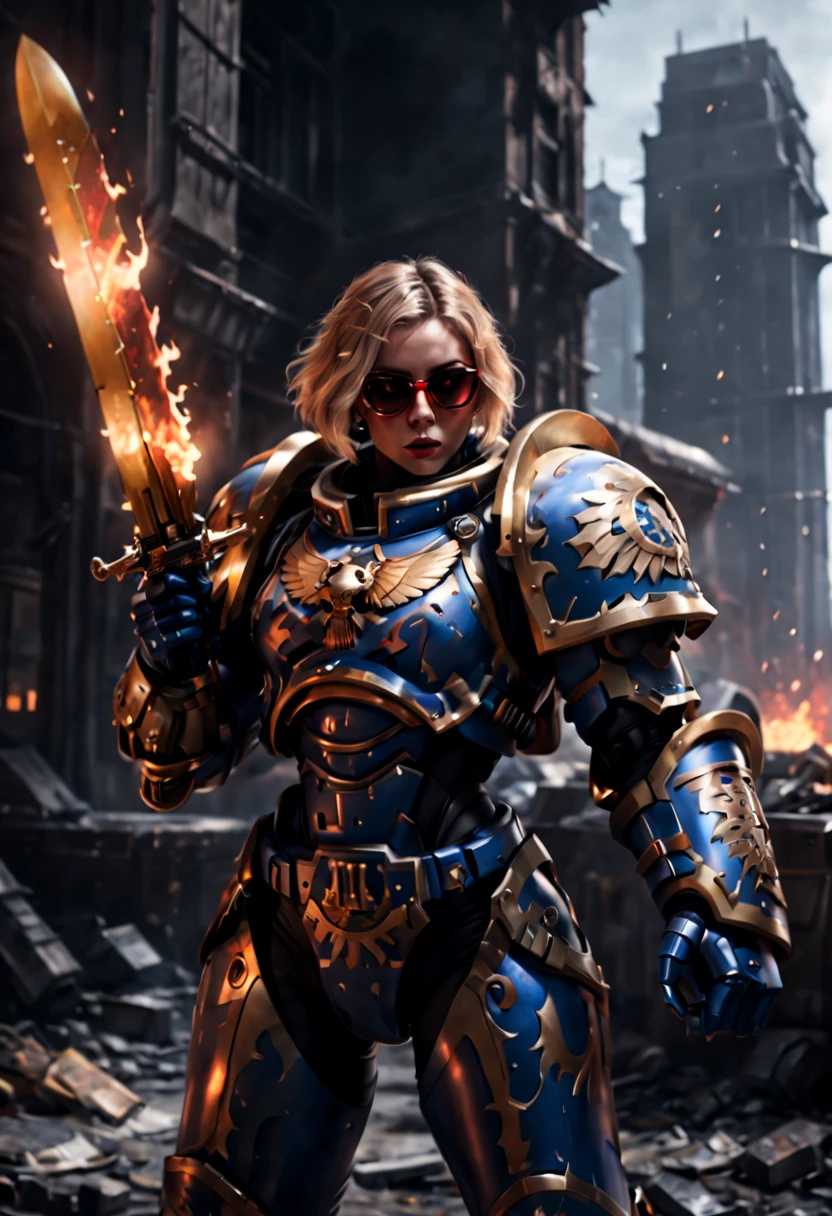 Warhammer 40K universe，Knight armor girl，Mechanical suit of blue and gold armor，sparkly red color sunglasses，Intense war-like environment，holding a flaming sword，Destroyed buildings and flames，The background is a futuristic cityscape，severe and threatening atmosphere，Sci-fi cyberpunk aesthetics，High contrast and desaturated tones，Dramatic and dynamic lighting effec。best quality,4k,(highres,masterpiece:1.2),ultra-detailed,(realistic,photorealistic,photo-realistic:1.37)