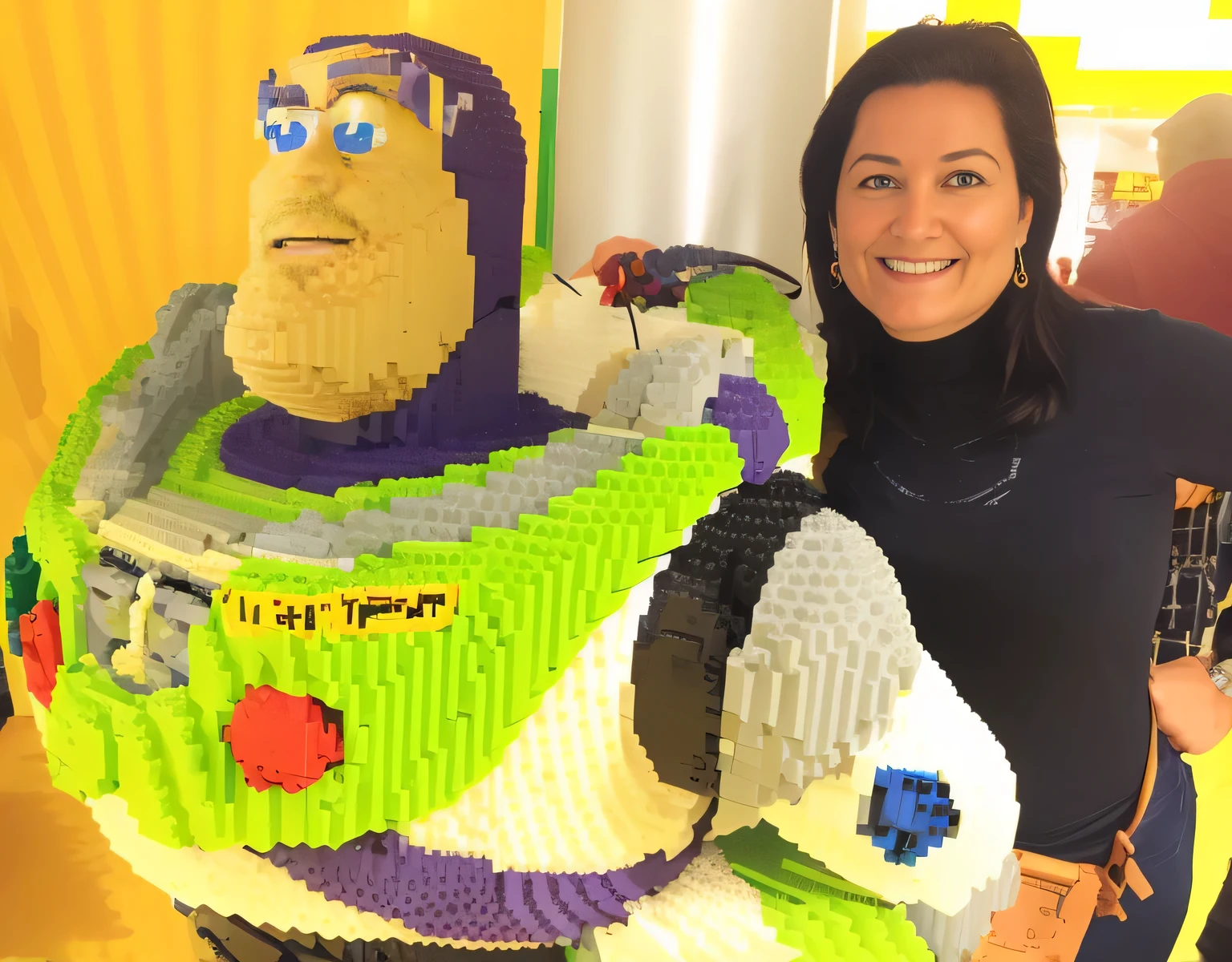 Araafed Lego Buzz Lightyear e uma mulher de camisa preta, Buzz Lightyear, made out of Legos, obra-prima vencedora do concurso, Personagem LEGO, LEGO, wimmelbilder maze feito de lego, retrato pixar, feito de lego, Legos, Anna, to infinity and beyond, inspired by Gina Pellón, Estilo LEGO, Directed by: Jeanna bauck