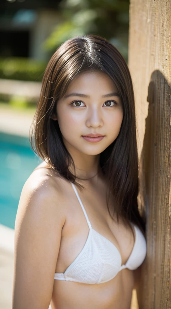beautiful university poolside, With perfect porcelain skin, Fascinating eyes that shine like emeralds, She wears a stylish white micro bikini that highlights her graceful figure。. She stands confidently, a faint smile appears on her lips, Because she has a sense of transparency、. The stage is、Clear skies、A pool where the sun shines high in the sky。, Create a dreamy romantic atmosphere. The artwork is created in a whimsical and fantastical style, With soft pastel colors and delicate brush strokes, Add enchantment to a scene. Photos are taken with a professional digital SLR camera, Use shallow depth of field to slightly blur the background, The lighting angle highlights the beauty of the subject.、Creates a warm glow。. Rendering accuracy is outstanding, Attention to detail and intricate textures, Get surprisingly realistic depictions. Final artwork is displayed in ultra-high resolution, Reaching 8K quality, Allows you to appreciate every intricate detail.Be NSFW