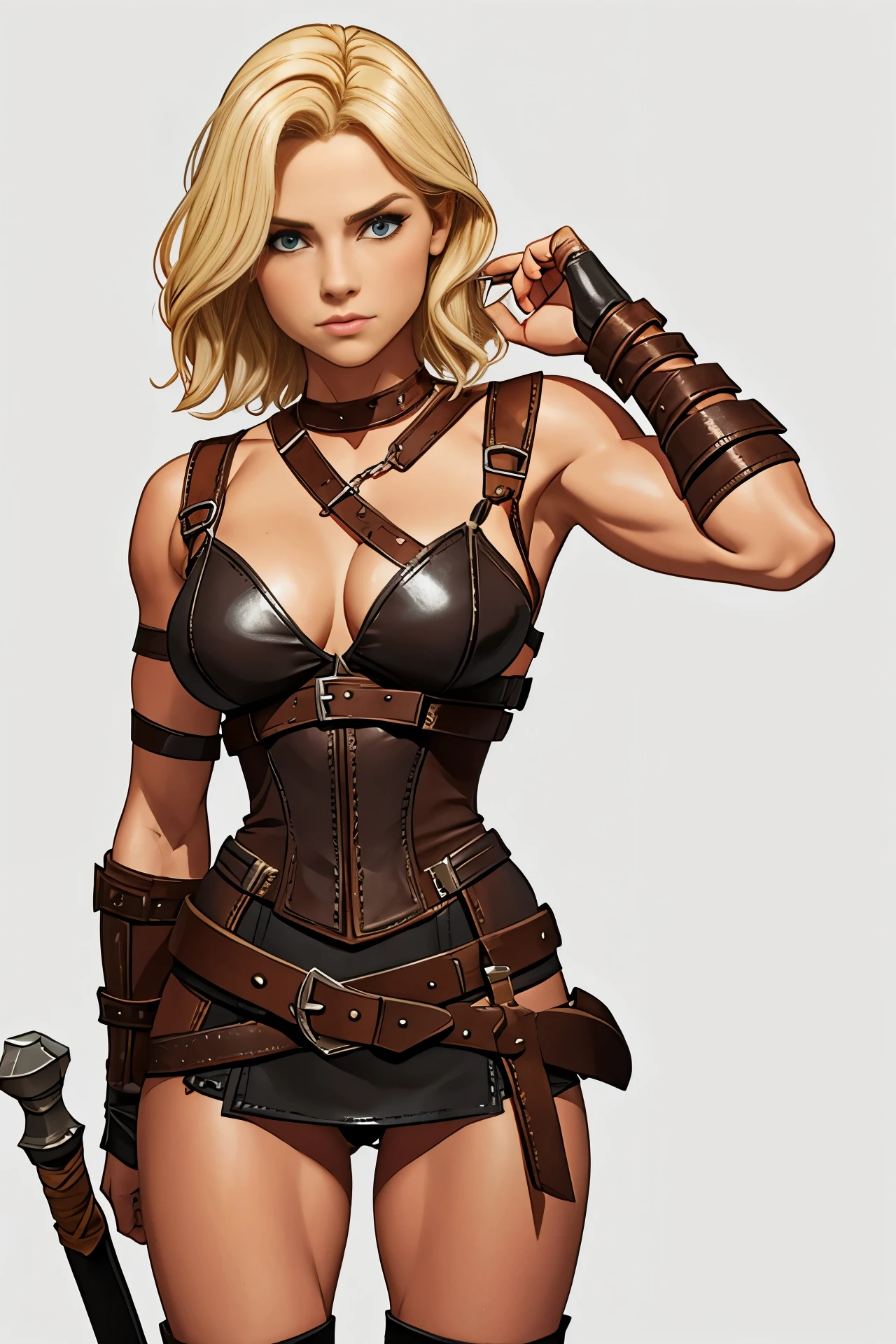 Lithe blonde knight woman, defined muscles, short wavy hair, barbarian queen, leather, straps, enslaved, dressed in rags, blank background, white background