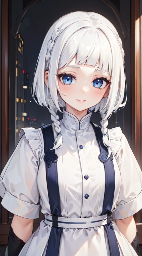 (thawb), (((short bangs:1.4))), braid, (best quality:1.3), (highres1.3), (clear1.3), (8k:1.3), masterpiece, (detailed:1.1), 1girl, beautiful detailed eyes, beautiful detailed lips, extremely detailed eyes and face, long eyelashes, white hair, blue eyes, shy smile, perfect proportion, face close up,