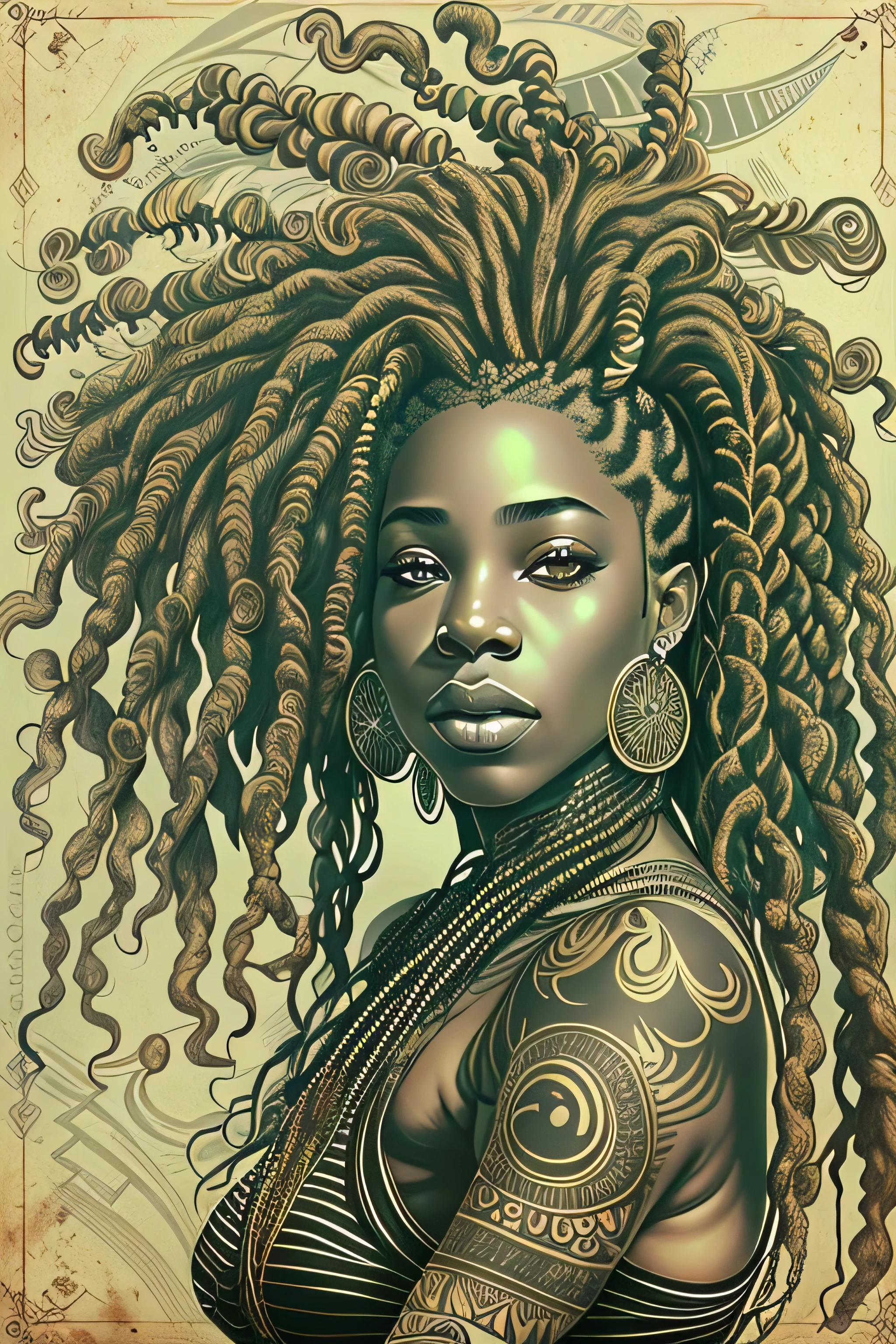 1 mulher negra rastafari cabelo dreadlocks Desenho tatuagem realismo preto cinza