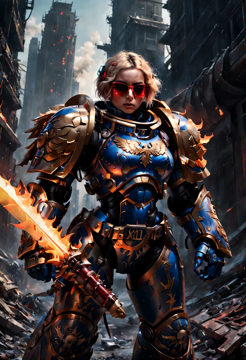 Warhammer 40K universe，Knight armor girl，Mechanical suit of blue and gold armor，sparkly red color sunglasses，Intense war-like environment，holding a flaming sword，Destroyed buildings and flames，The background is a futuristic cityscape，severe and threatening atmosphere，Sci-fi cyberpunk aesthetics，High contrast and desaturated tones，Dramatic and dynamic lighting effec。(best quality),4k,(highres,masterpiece:1.2),ultra-detailed,(realistic,photorealistic,photo-realistic:1.37)