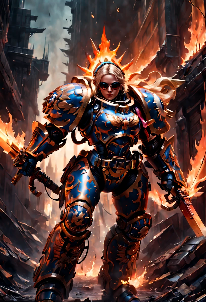 Warhammer 40K universe，Knight armor girl，Mechanical suit of blue and gold armor，sparkly red color sunglasses，Intense war-like environment，holding a flaming sword，Destroyed buildings and flames，The background is a futuristic cityscape，severe and threatening atmosphere，Sci-fi cyberpunk aesthetics，High contrast and desaturated tones，Dramatic and dynamic lighting effec。(best quality),4k,(highres,masterpiece:1.2),ultra-detailed,(realistic,photorealistic,photo-realistic:1.37)