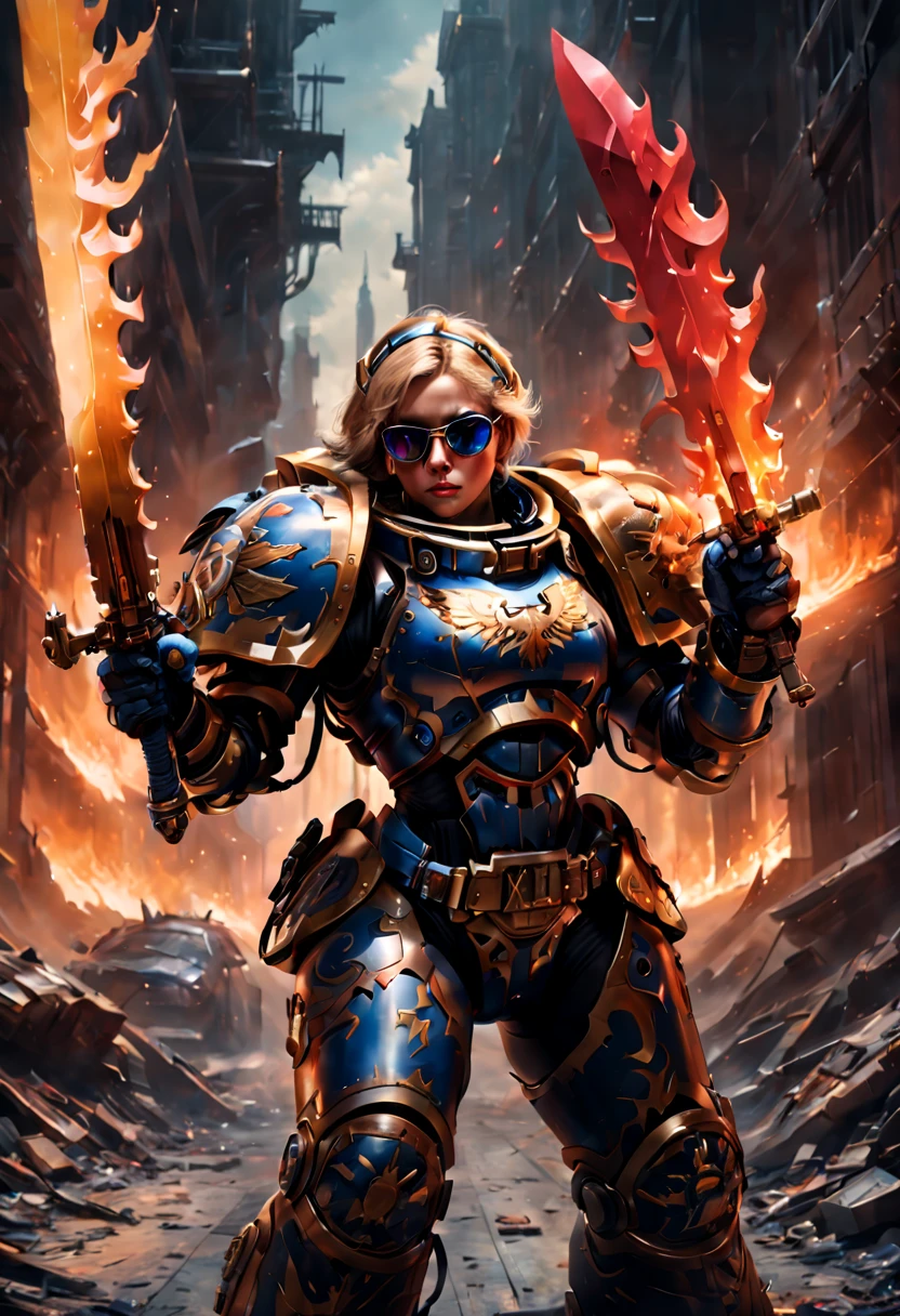 Warhammer 40K universe，Knight armor girl，Mechanical suit of blue and gold armor，sparkly red color sunglasses，Intense war-like environment，holding a flaming sword，Destroyed buildings and flames，The background is a futuristic cityscape，severe and threatening atmosphere，Sci-fi cyberpunk aesthetics，High contrast and desaturated tones，Dramatic and dynamic lighting effec。(best quality),4k,(highres,masterpiece:1.2),ultra-detailed,(realistic,photorealistic,photo-realistic:1.37)