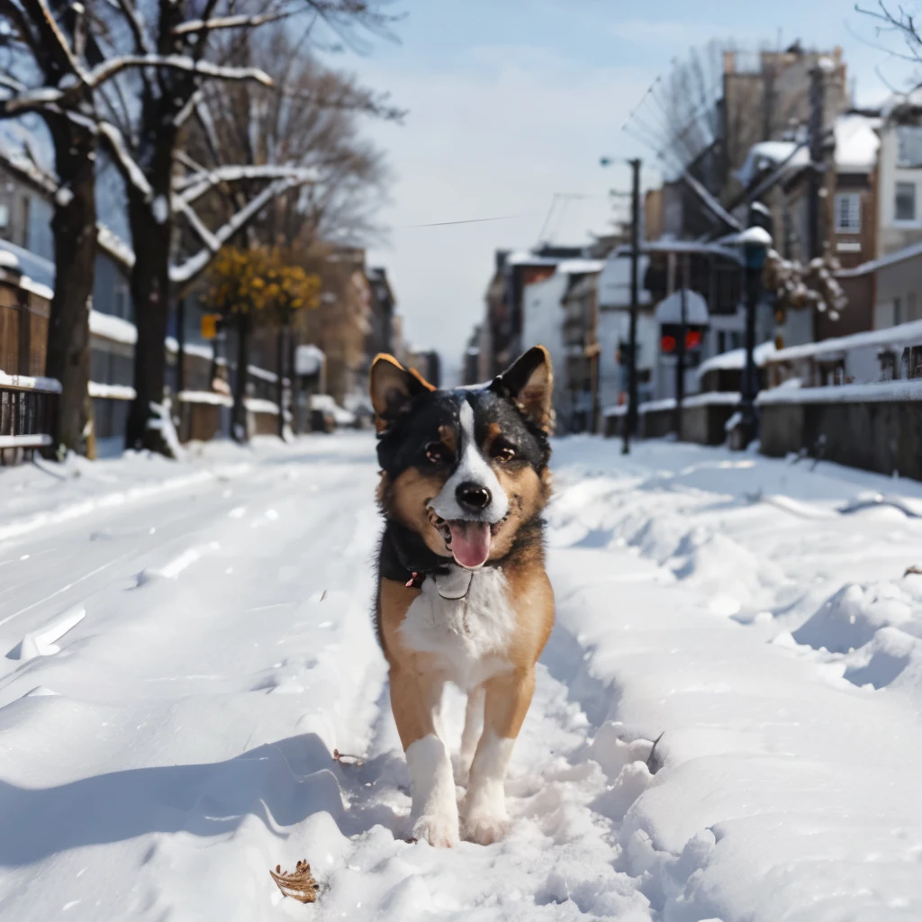 Un jeune chien courant dans la neige, il y a des arbres, des oiseaux volent autour