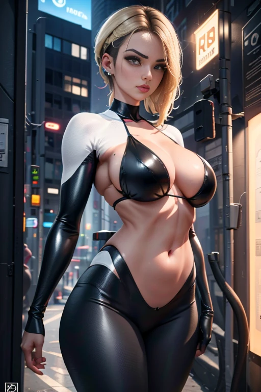 imagem de corpo inteiro Unreal Engine 5 8K UHD de mulher bonita，com cabelos loiros curtos，Wearing tight neon bikini futuristic latex spider woman ，latex bikini，sexy action，Aguarde os seios CHEIO，bikini  that rarely cover the skin，latex glove，Use vidro roxo，耳Nipple Ring，Pierced lip piercing，Cidade da idade moderna，melhor qualidade，tmasterpiece，Papel de parede 8K UHD, Gwen Spider, Gwen em uma roupa preta com aranha no centro de seu peito em branco, organic-looking bikini, testa gooey, simbionte, olhos brancos, belas artes, PS5 cinematic screenshot, Highly detailed cinematic rendering, raytricing ultra fotorrealista, with cinematic lighting