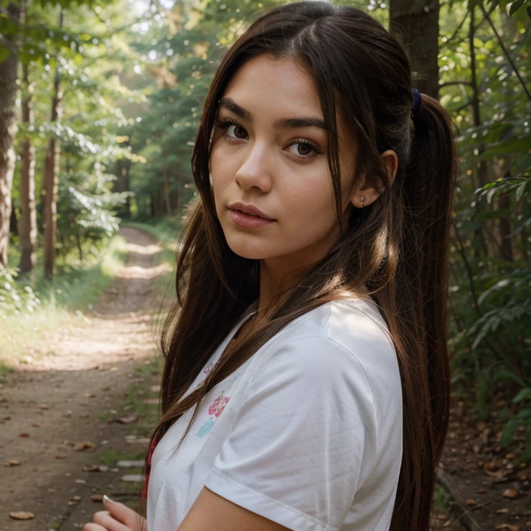 A woman with brown hair in a forest, :: Madison Beer, streaming, pigtail, photorealistic - h 6 4 0, 🎀 🧟 🍓 🧚, see, live2d, looks like Laura Barriales, aspect ratio 16:9, Sam Nassour, 50s, insanely cute, in the background, in Italy, straight eyebrows photo taken from afar