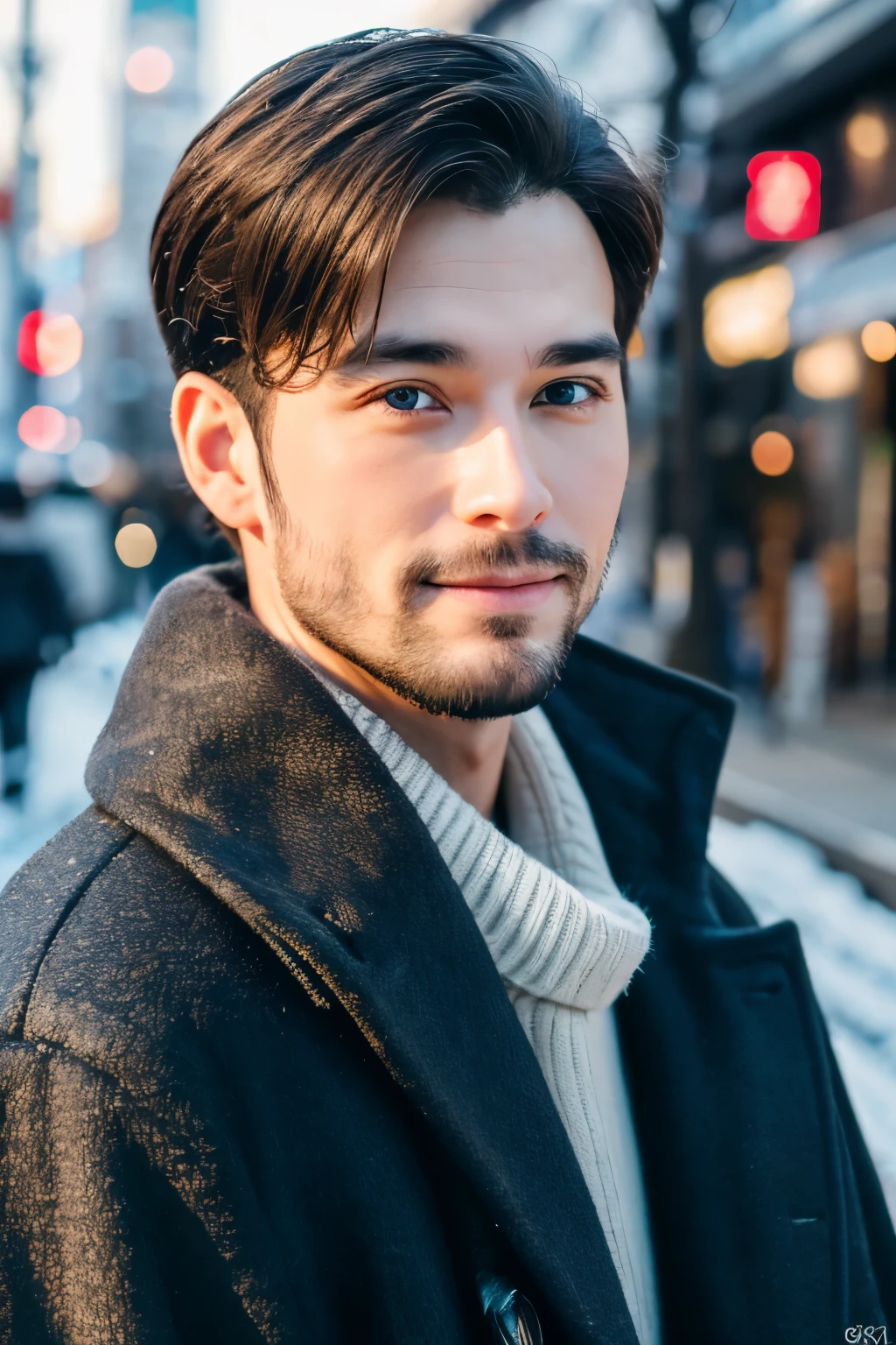 Photorealsitic, 8K full body portrait, a handsome, a 25-year-old man, A charming expression, detailed face details, TOKYOcty, Winters, Shibuya in the background