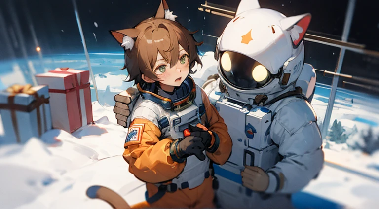 An anime boy, [[holding gift in hand盒]]，Official artwork,  A sad expression, [[The expression of crying]]，christmas, [[[[Orange outfit]]]]，[[Brown hair]],朝镜头Bolted，snowy days，在雪地Bolted，The astronaut，clothed in space suit，Carrying gifts，Give gifts，[在Give giftolted，On delivery，[[可爱的Brown hair的男孩子]]，Wearing cat ears, from the night of the ark, Shota with cat ears, From the maiden front, anime cat shota, Shota with cat ears,[Golden eyes]，[[The lanky black shadow monster chasing behind]]，[[[朝向镜头Bolted]]]，[monster behind]，On the snow,monster chase，[[holding gift in hand]]，A time of crisis，limit，furiouunk，[orange space suit]，[Orange spacesuit]