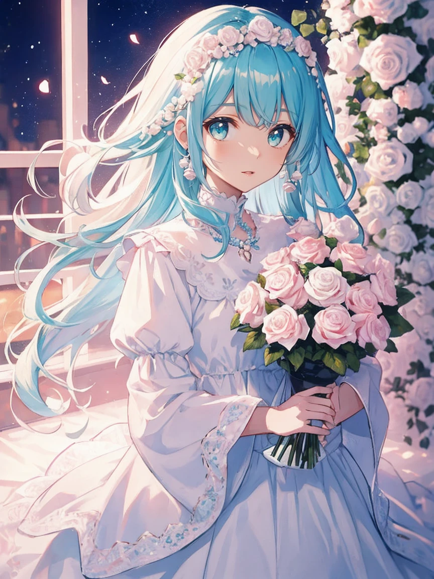 ((tmasterpiece)), hightquality, ultra - detailed, rose hair + white clothes: 1.2,Middle-aged girls, perfect body type, Surrounded by roses, the colors are bright and bright, pearl white background, romantic long hair, natural soft light, warm and sweet, cyan eyes, flower hair ornaments.