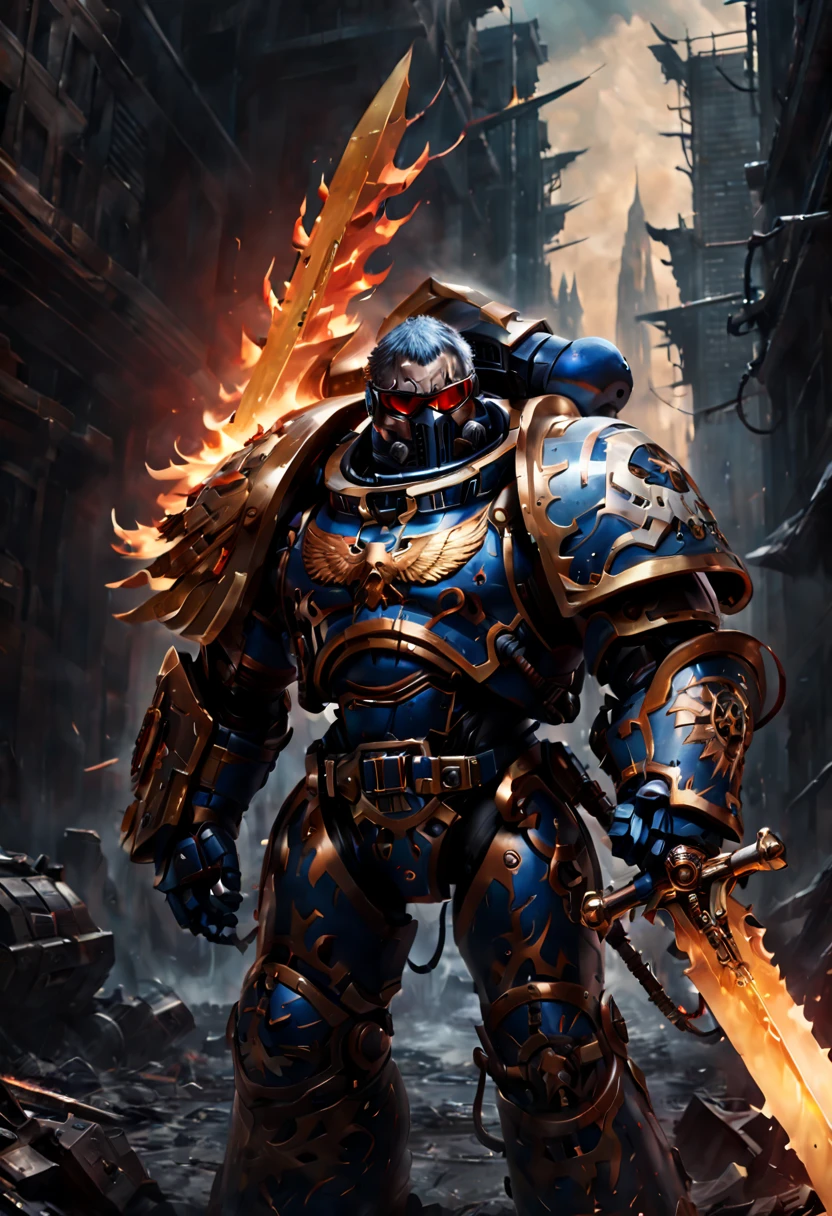 Warhammer 40K universe，Knight armor，Mechanical suit of blue and gold armor，sparkly red color sunglasses，Intense war-like environment，holding a flaming sword，Destroyed buildings and flames，The background is a futuristic cityscape，severe and threatening atmosphere，Sci-fi cyberpunk aesthetics，High contrast and desaturated tones，Dramatic and dynamic lighting effec。(best quality),4k,(highres,masterpiece:1.2),ultra-detailed,(realistic,photorealistic,photo-realistic:1.37)