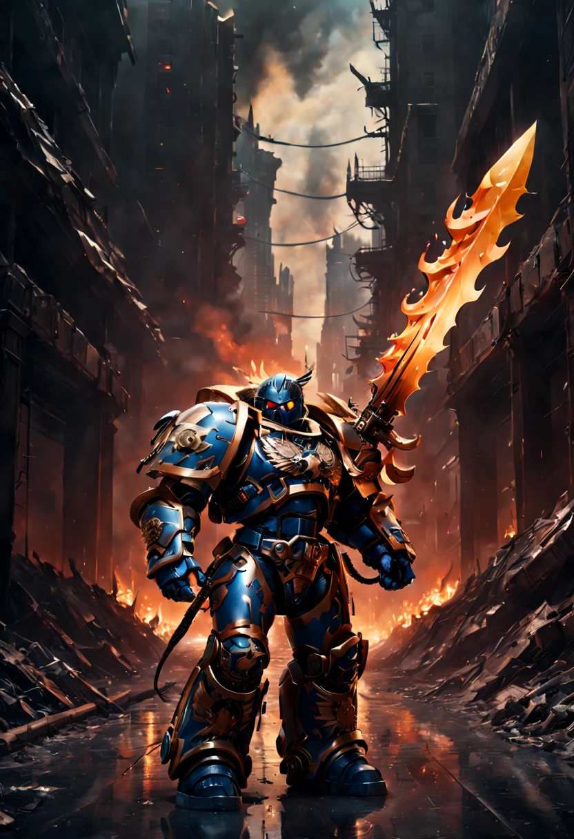 Warhammer 40K universe，Knight armor，Mechanical suit of blue and gold armor，sparkly red color sunglasses，Intense war-like environment，holding a flaming sword，Destroyed buildings and flames，The background is a futuristic cityscape，severe and threatening atmosphere，Sci-fi cyberpunk aesthetics，High contrast and desaturated tones，Dramatic and dynamic lighting effec。(best quality),4k,(highres,masterpiece:1.2),ultra-detailed,(realistic,photorealistic,photo-realistic:1.37)