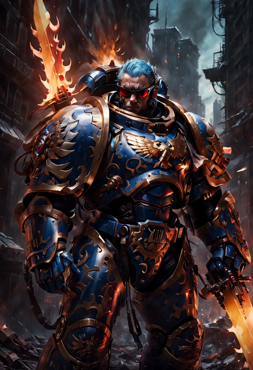 Warhammer 40K universe，Knight armor，Mechanical suit of blue and gold armor，sparkly red color sunglasses，Intense war-like environment，holding a flaming sword，Destroyed buildings and flames，The background is a futuristic cityscape，severe and threatening atmosphere，Sci-fi cyberpunk aesthetics，High contrast and desaturated tones，Dramatic and dynamic lighting effec。(best quality),4k,(highres,masterpiece:1.2),ultra-detailed,(realistic,photorealistic,photo-realistic:1.37)