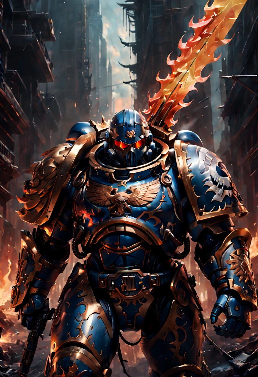 Warhammer 40K universe，Knight armor，Mechanical suit of blue and gold armor，sparkly red color sunglasses，Intense war-like environment，holding a flaming sword，Destroyed buildings and flames，The background is a futuristic cityscape，severe and threatening atmosphere，Sci-fi cyberpunk aesthetics，High contrast and desaturated tones，Dramatic and dynamic lighting effec。(best quality),4k,(highres,masterpiece:1.2),ultra-detailed,(realistic,photorealistic,photo-realistic:1.37)