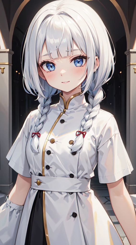 (thawb), (((short bangs:1.5))), braid, (best quality:1.3), (highres1.3), (clear1.3), (8k:1.3), masterpiece, (detailed:1.1), 1girl, beautiful detailed eyes, beautiful detailed lips, extremely detailed eyes and face, long eyelashes, white hair, blue eyes, shy smile, perfect proportion, face close up,