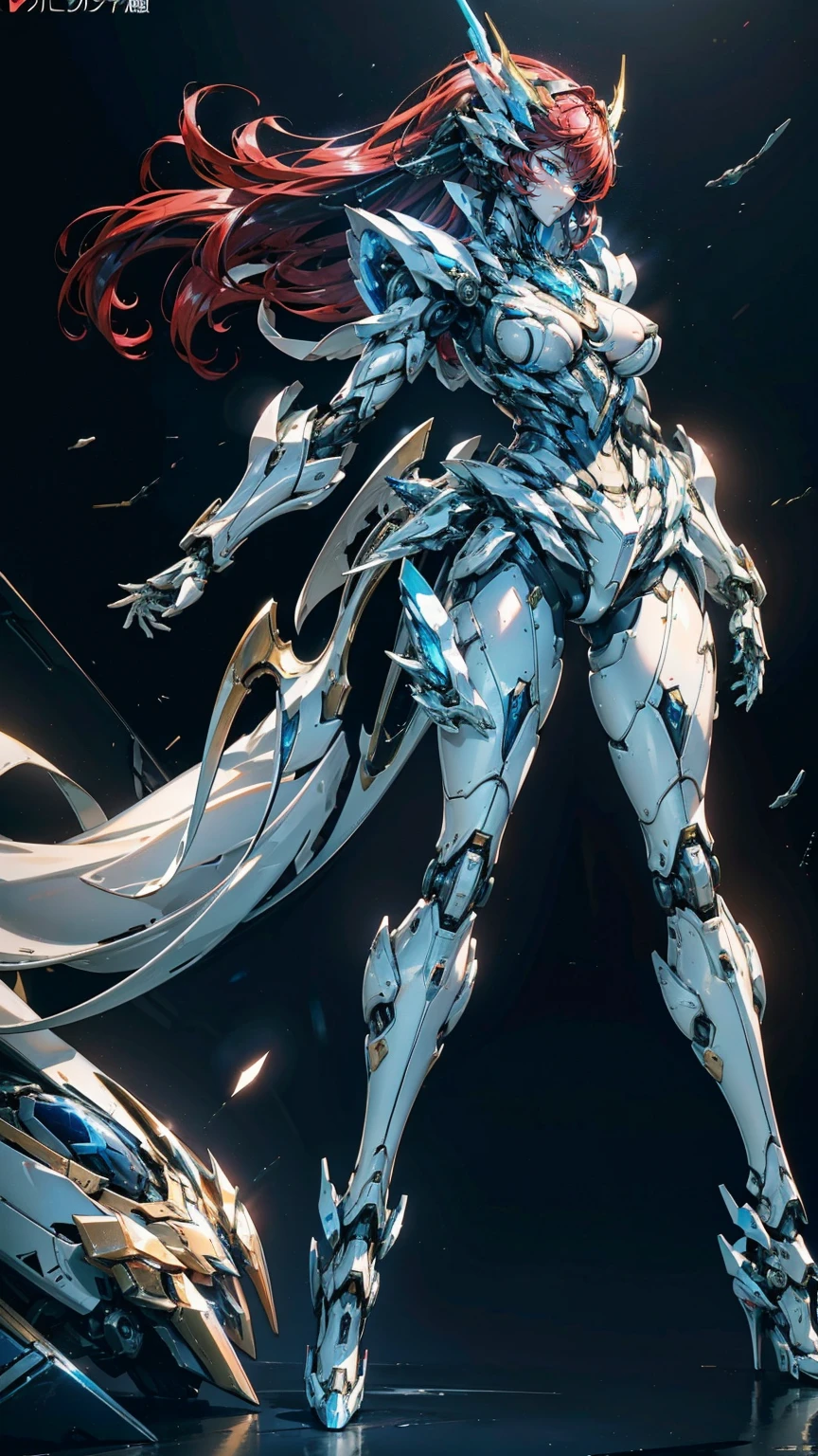 （A mechanical girl：1.9），（Beautuful Women：1.4），Tall guy，mature，The beautiful，Raised sexy，（Large chest），Plump breasts，完美的Mechanical body，（Mechanical body：1.erfect pure white mechanical armor：1.3），Blue and white color scheme，（The beautiful机械躯体：1.1），Slender robotic legs，Long red hair，delicated face，The beautiful脸，（gentle expressions：1.8），high-heelsBeautuful Women，（high-heels：1.2），Paintings with characters as the main subject，Just the right lighting，Perfect mechanical details，Perfect mechanical structure，Close-up of people，Best quality，Best quality at best，The most perfect detailust：2.0），Professional lighting，The beautiful双眼，The beautiful脸，The beautiful身体，Raised sexy的身体，Steel Warframe