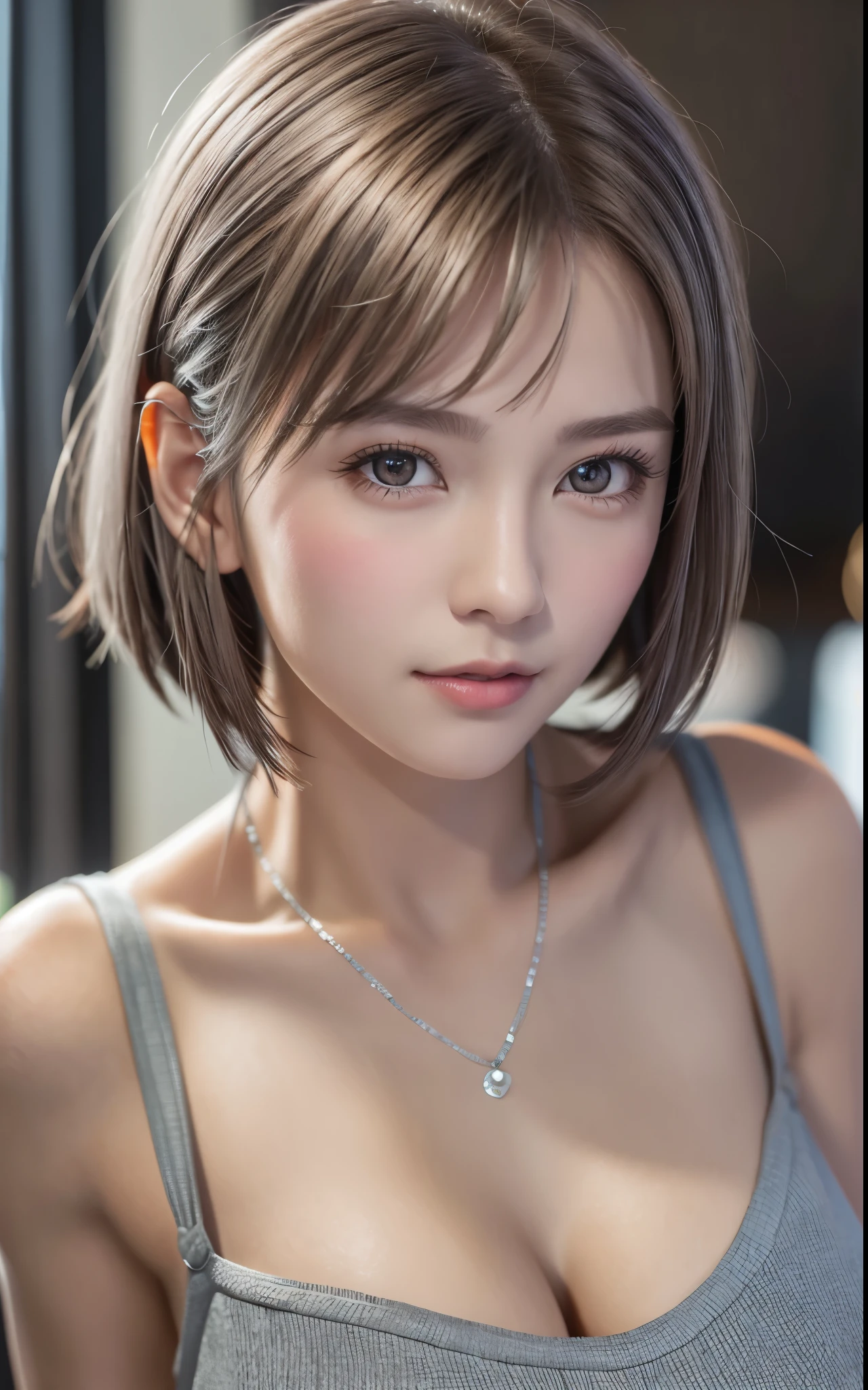 (8K, Photorealistic, Raw photo, of the highest quality: 1.3), (1girl in), Super beautiful, (Realistic face), (boyish, Silver Color Berry Shorthair), Beautiful , Glare that captivates the viewer, Beautiful expression, Beautiful breasts, (Realistic skin), Be...