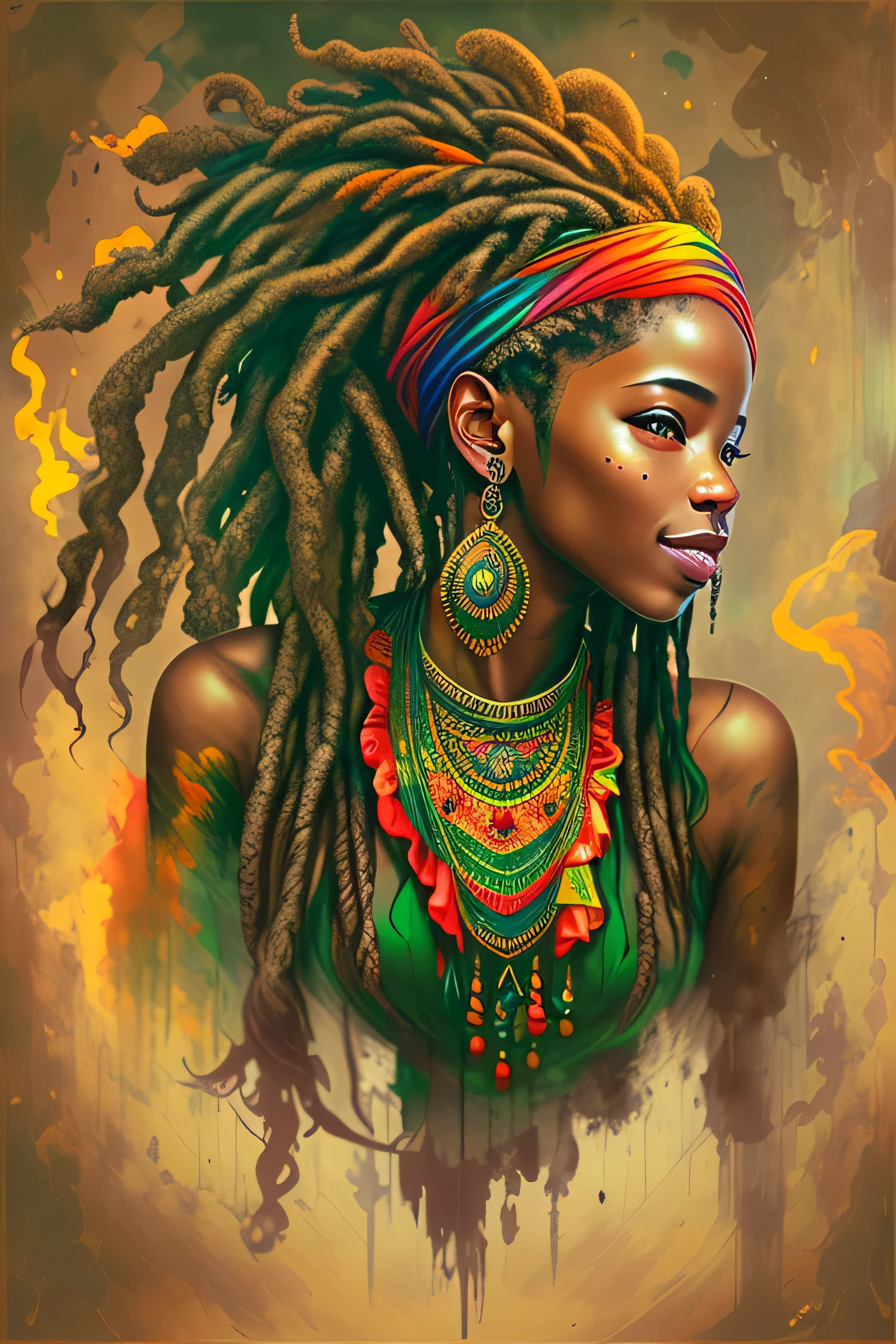 1 mulher negra rastafari sorrindo, cabelo dreadlocks Desenho tatuagem realismo nas cores do reggae